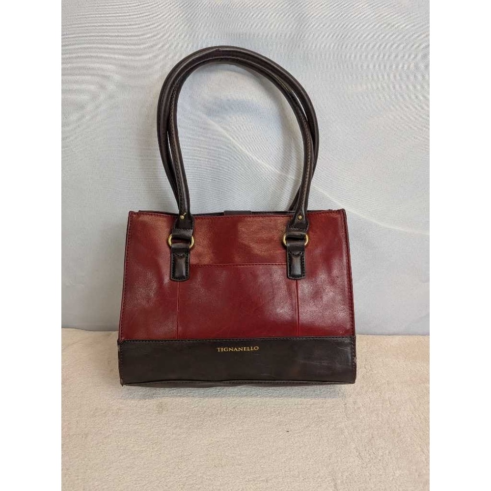 Tignanello Burgundy Brown Leather Tote Bag Double Handle Shoulder Bag Classic